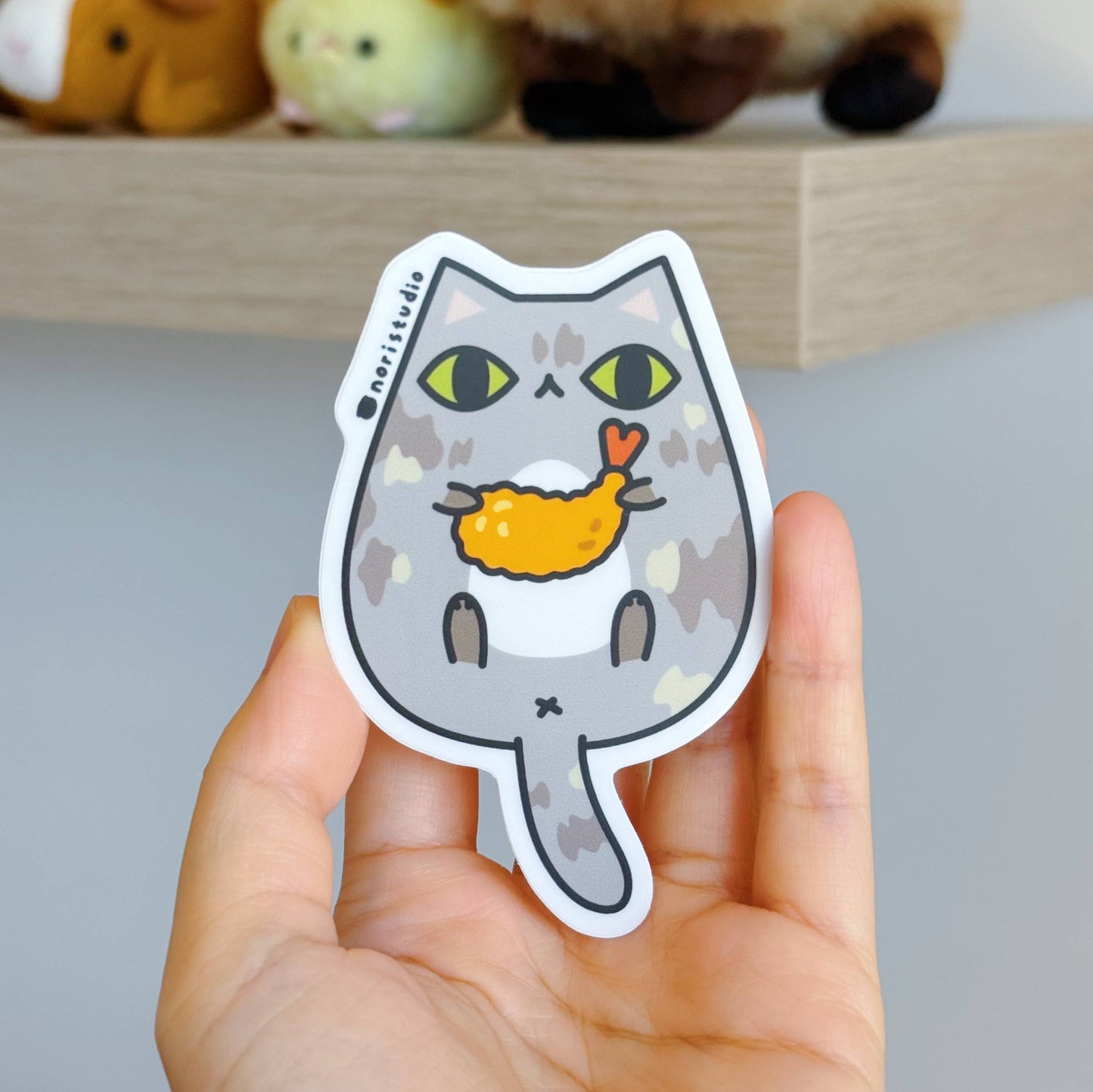 Muted Tortie Cat with Shrimp Tempura Vinyl Sticker