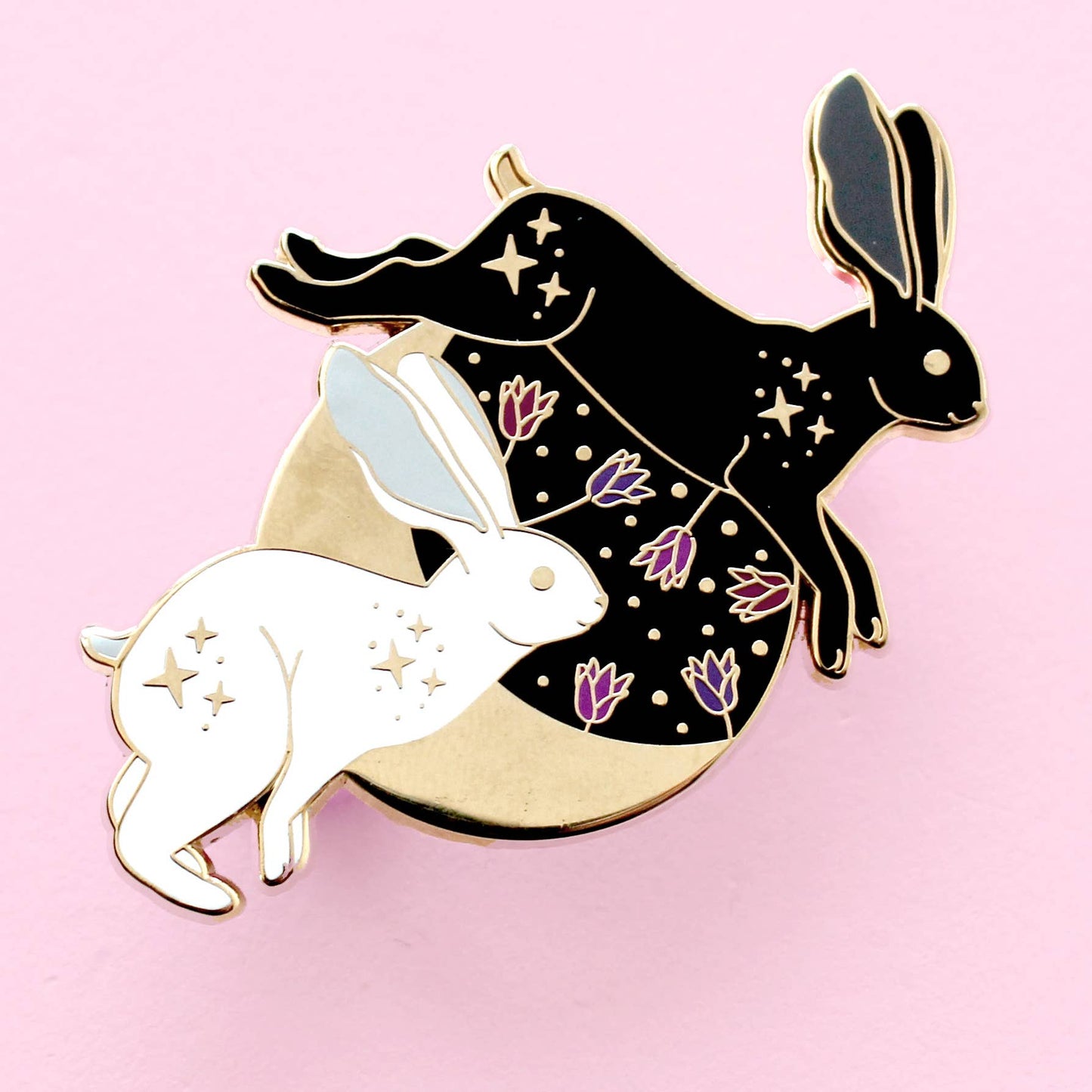 Black and White Hares and Moon Enamel Pin