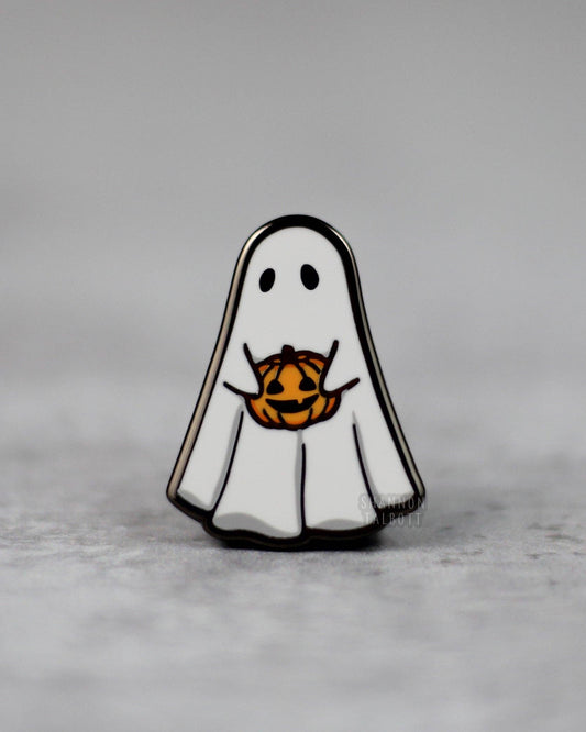 Halloween Ghost and Pumpkin Spooky Enamel Pin - Black Nickel