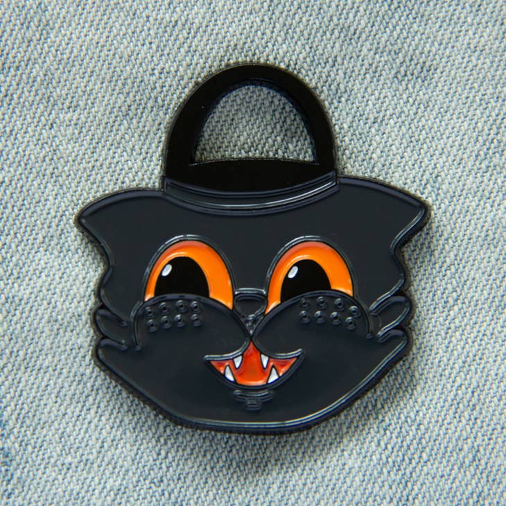 Vintage Halloween Black Cat Trick or Treat Bucket Enamel Pin