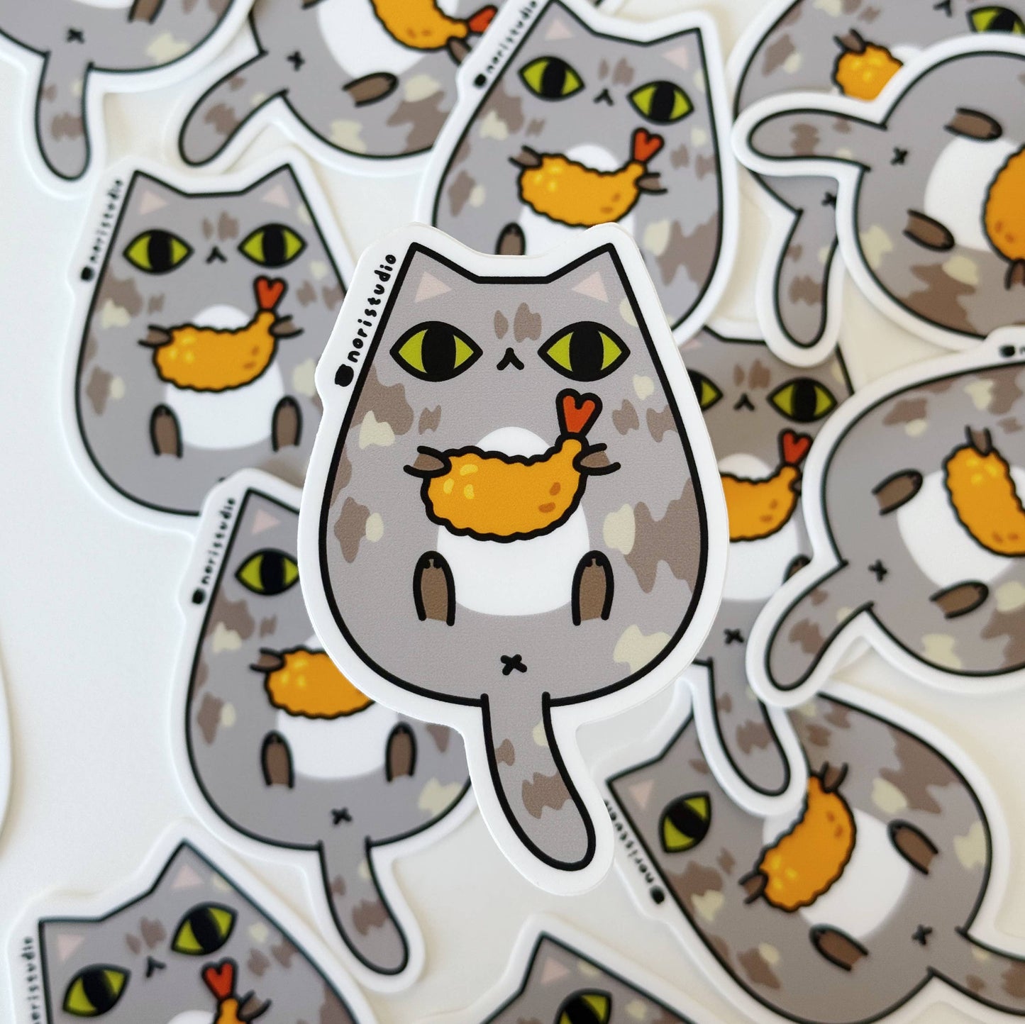 Muted Tortie Cat with Shrimp Tempura Vinyl Sticker