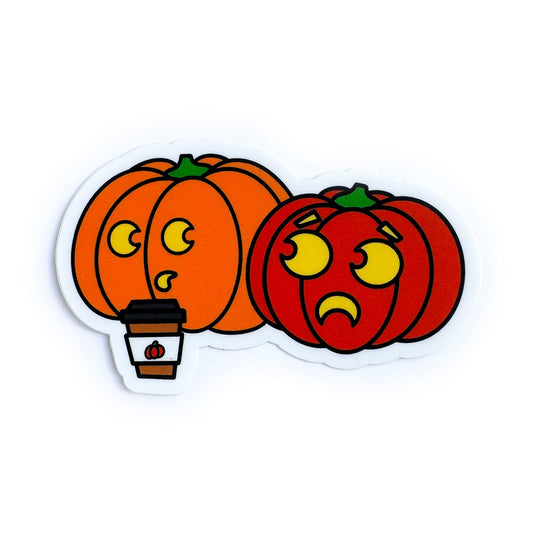 A vinyl sticker shaped like two pumpkins, one is drinking a pumpkin spice latte while the other looks at them in horror.