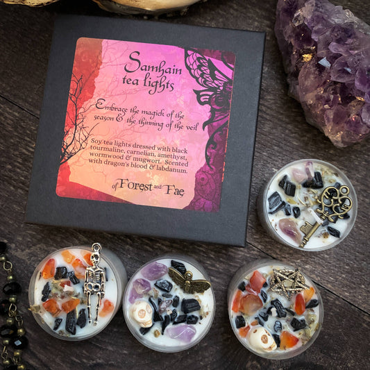 Samhain Tea Light Candle Set • Crystal & Herb Candle • Witch
