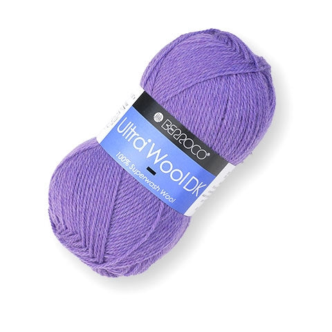 A skein of Berroco Ultra Wool yarn in a light purple color with a blue and black label saying ‘Berroco Ultra Wool DK’ against a white background.