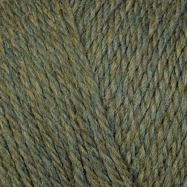 A close-up image of a skein of Berroco Ultra Wool DK weight yarn in a heathered olive green color.
