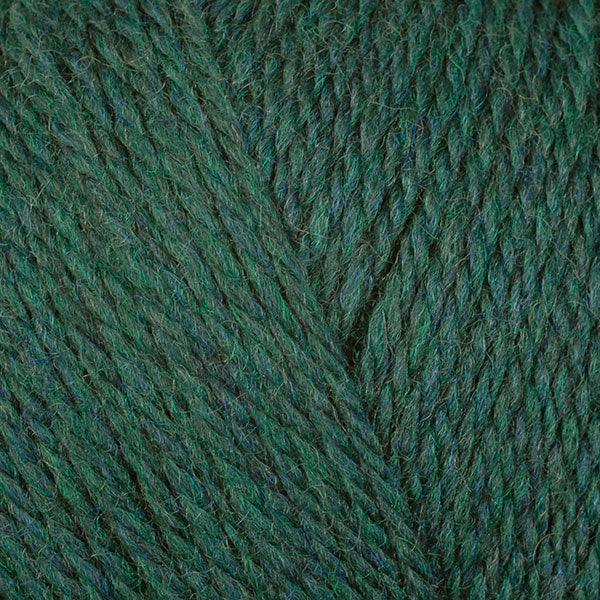 A close-up image of a skein of Berroco Ultra Wool DK weight yarn in a heathered deep green color.