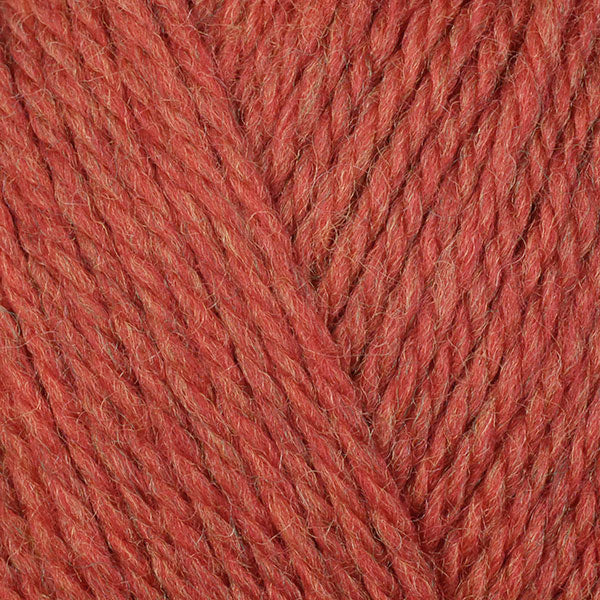 A close-up image of a skein of Berroco Ultra Wool DK weight yarn in a heathered red orange color.