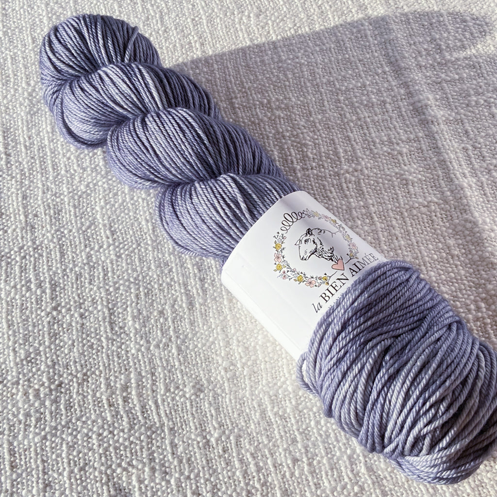 An image of a skein of DK weight yarn in shades of pale blue gray with a white ‘La Bien Aimee’ label against a canvas background.