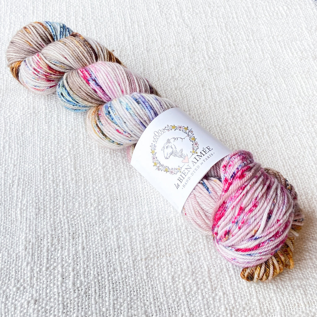 An image of a skein of DK weight yarn in shades of white, pink, brown, and blue with a white ‘La Bien Aimee’ label against a canvas background.