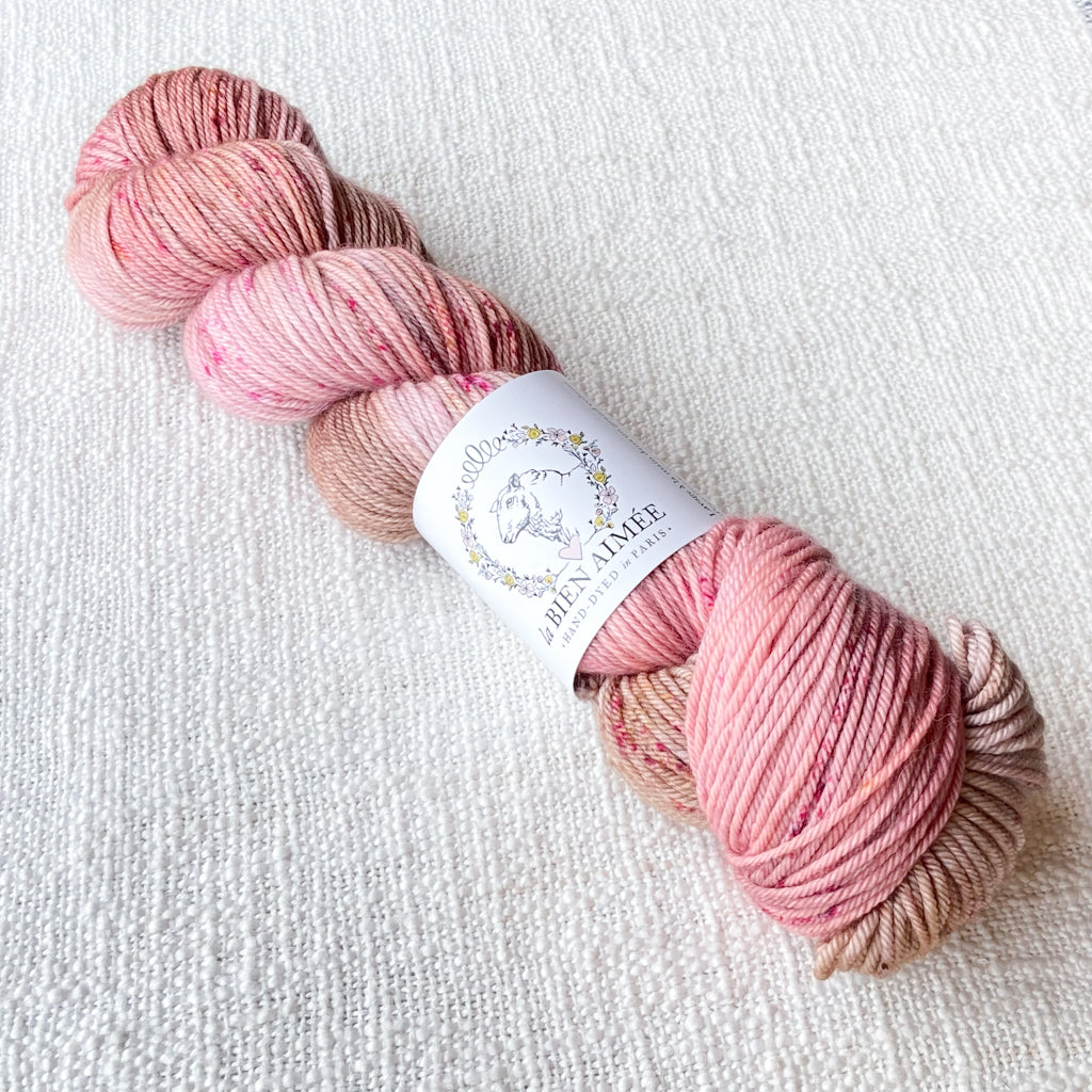 An image of a skein of DK weight yarn in shades of light pink and taupe and pink speckles, with a white ‘La Bien Aimee’ label against a canvas background.