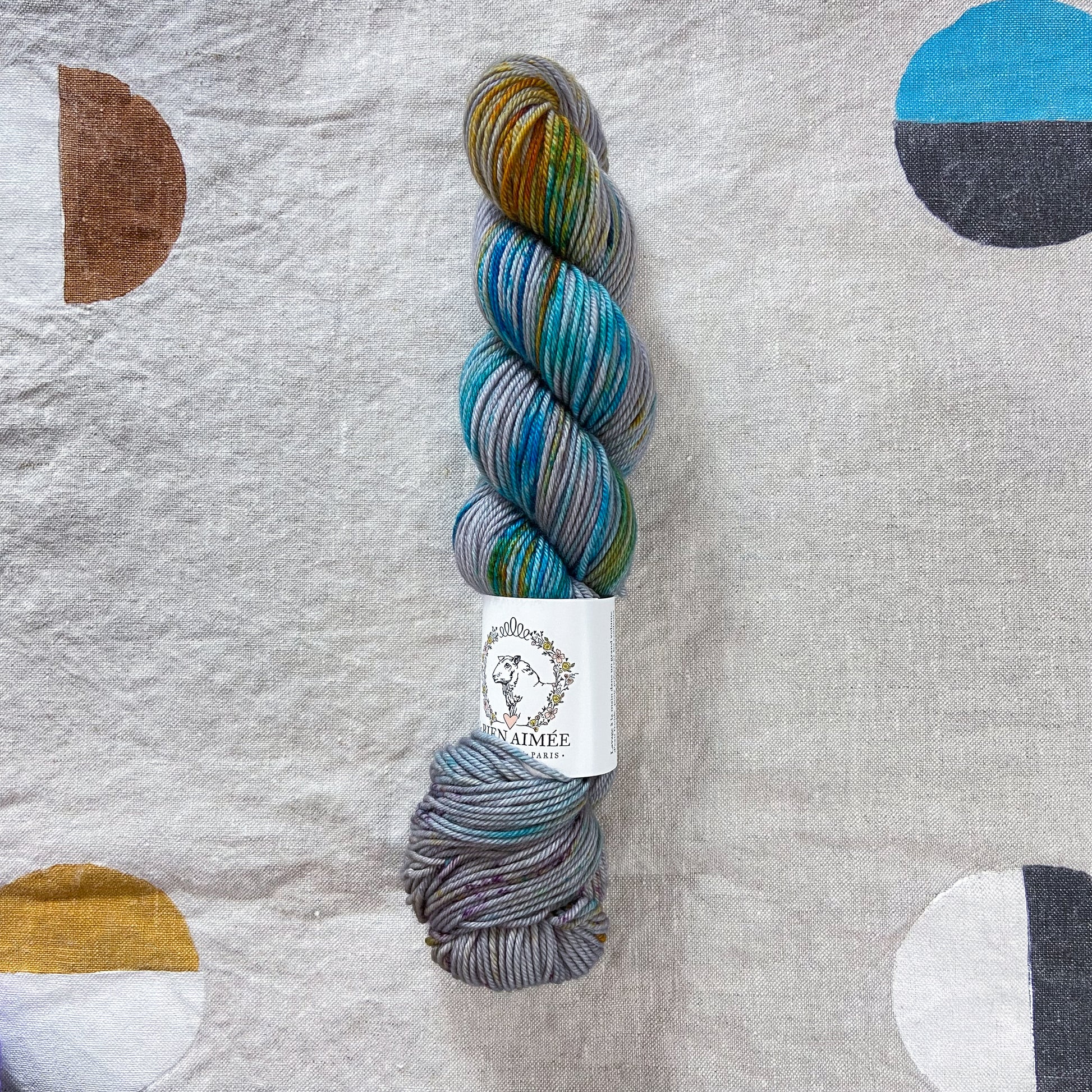 An image of a skein of DK weight yarn in shades of gray, blue, orange, and green, with a white ‘La Bien Aimee’ label against a canvas background.