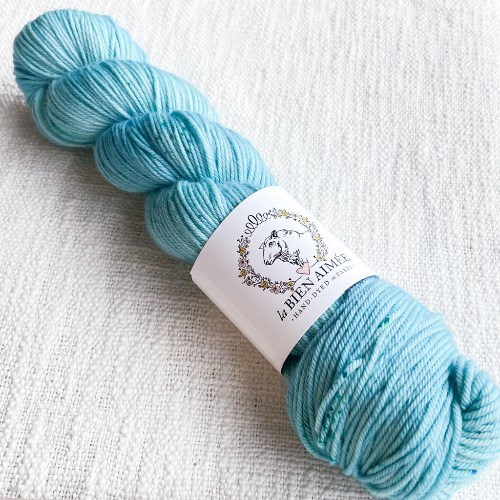 An image of a skein of DK weight yarn in a light blue color with teal speckles, with a white ‘La Bien Aimee’ label against a canvas background.