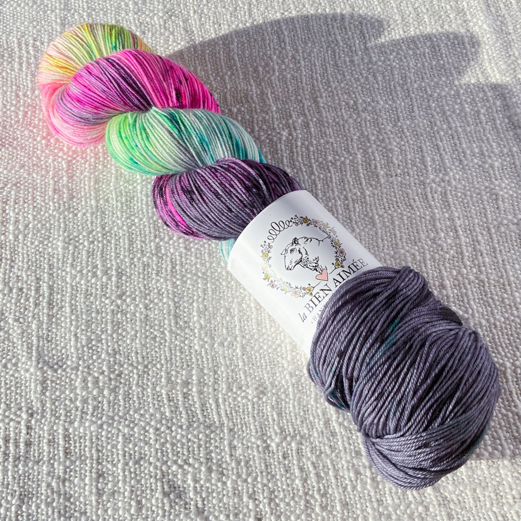 An image of a skein of sock yarn in dark purple gray, blue, green, and pink colors, with a ‘La Bien Aimee’ label against a canvas background.