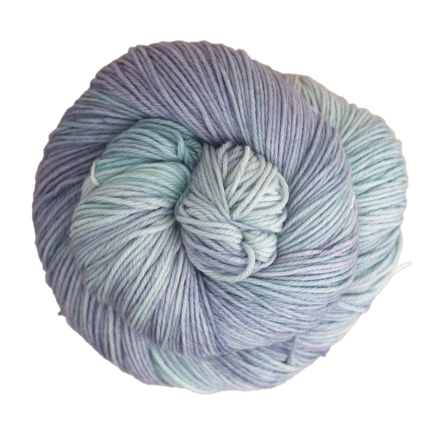 An image of skeins of Malabrigo Arroyo sport weight yarn in pale blue and purple shades.