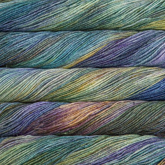 An image of skeins of Malabrigo Arroyo sport weight yarn in shades of blue green, purple, and yellow.