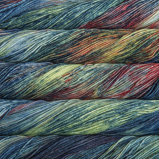 An image of skeins of Malabrigo Arroyo sport weight yarn in pale green, ocean blue, red, and purple shades.