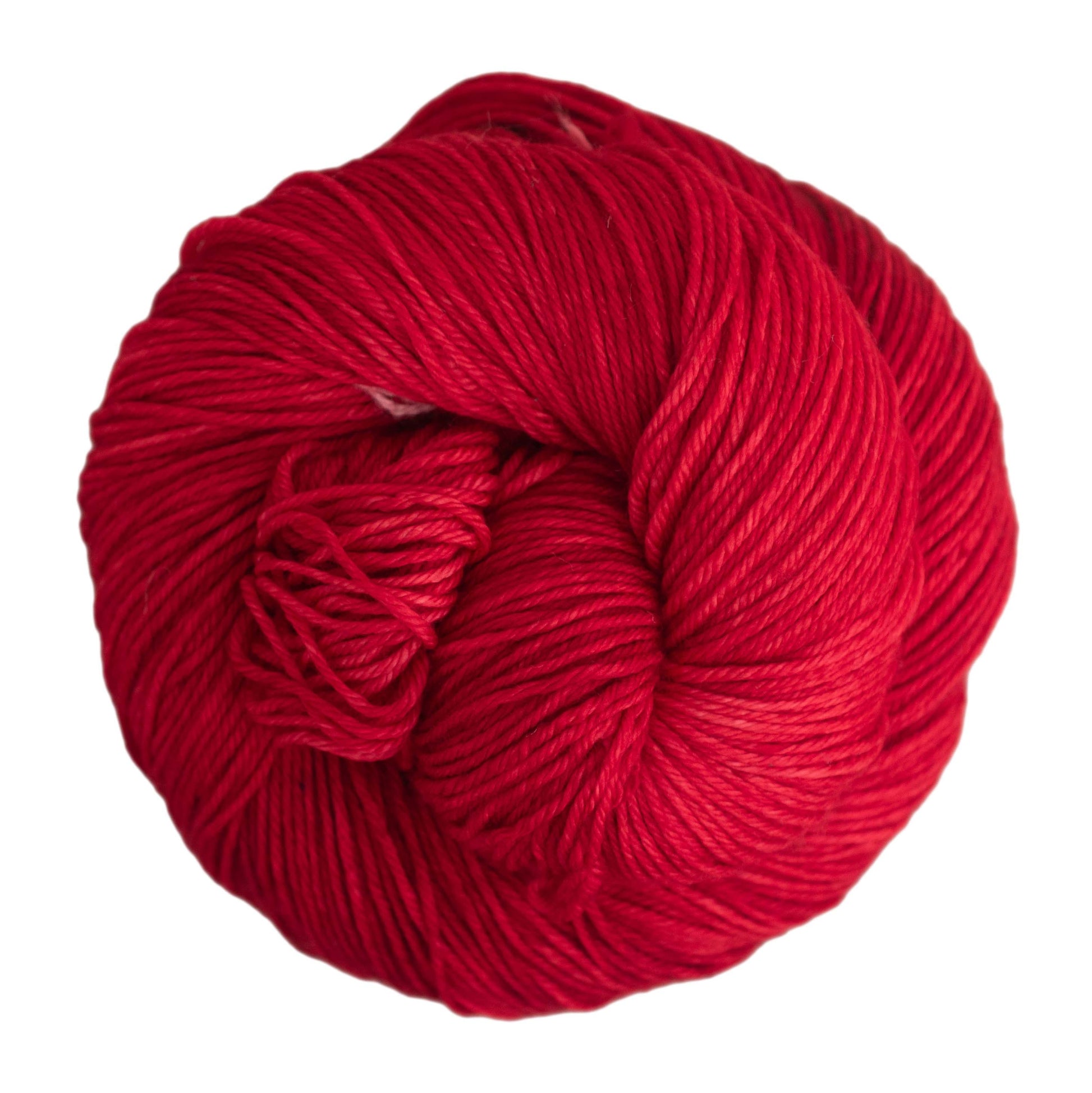 An image of a skein of Malabrigo Arroyo sport weight yarn in a vibrant red shade.