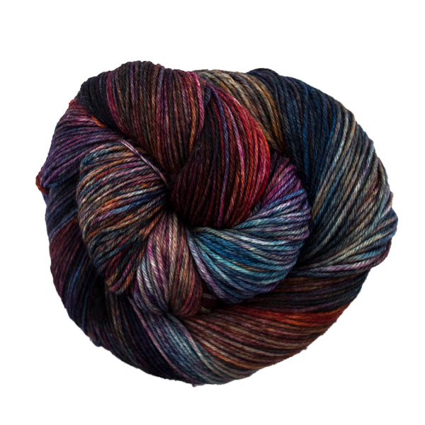 An image of a skein of Malabrigo Arroyo sport weight yarn in deep blue, red, brown, and purple shades.