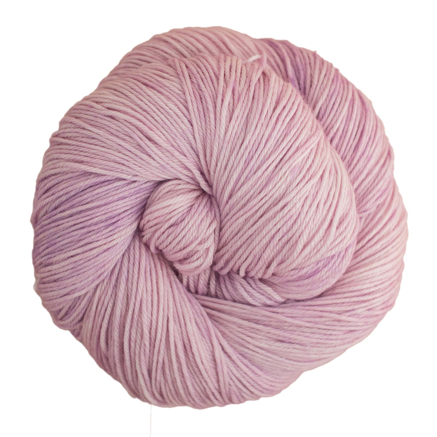 An image of a skein of Malabrigo Arroyo sport weight yarn in pale pink and purple shades.