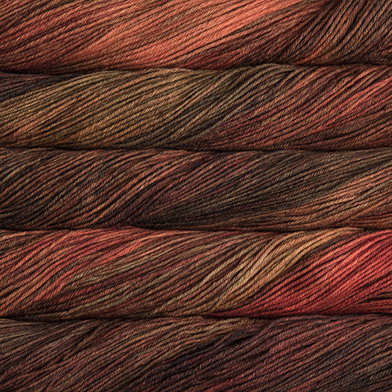 An image of skeins of Malabrigo Arroyo sport weight yarn in brown, coral, and red shades.