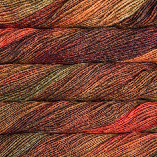 A close up of skeins of Malabrigo Rios worsted weight yarn in red, orange, yellow green and brown colors