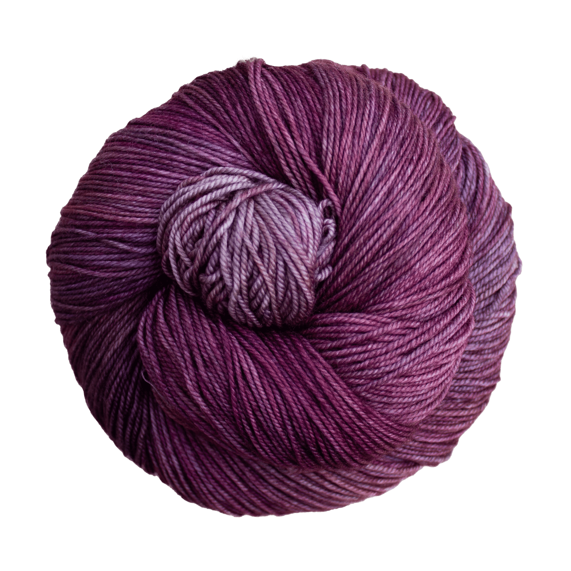 A close-up image of a skein of Malabrigo Sock yarn in shades of purple.