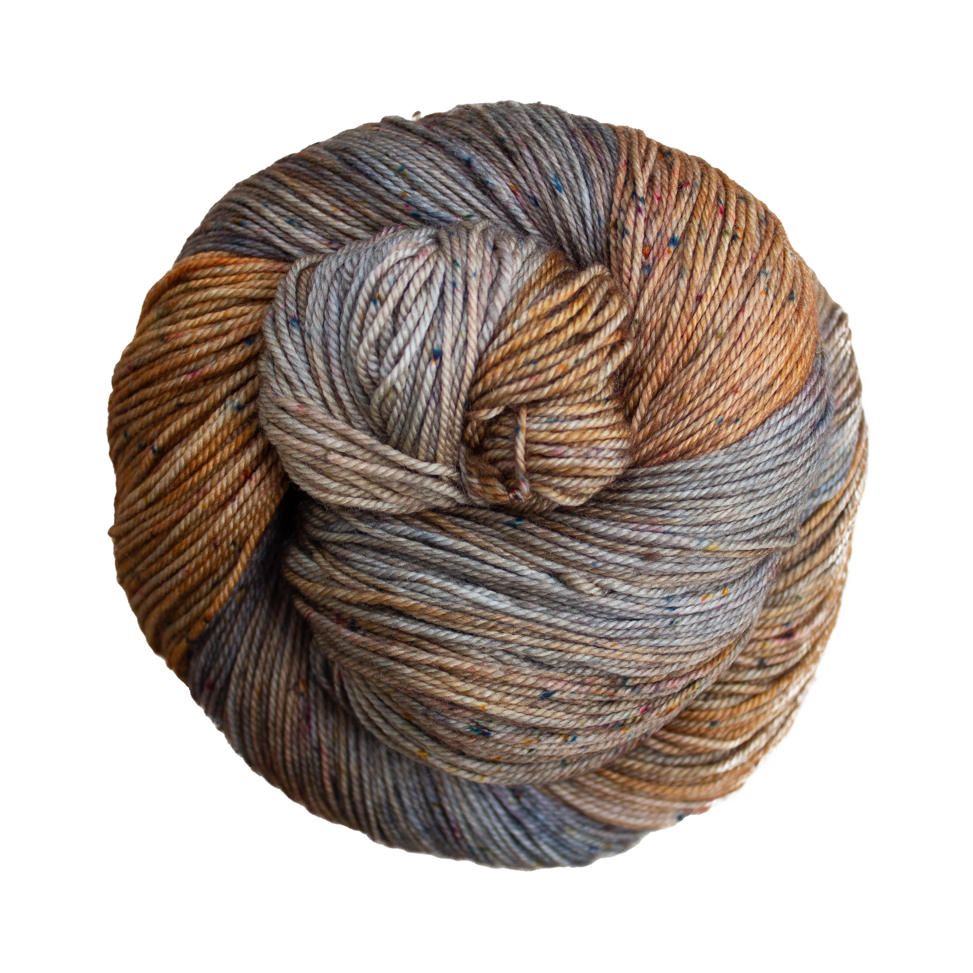 A close-up image of a skein of Malabrigo Sock yarn in shades of gray and brown with colorful speckles.