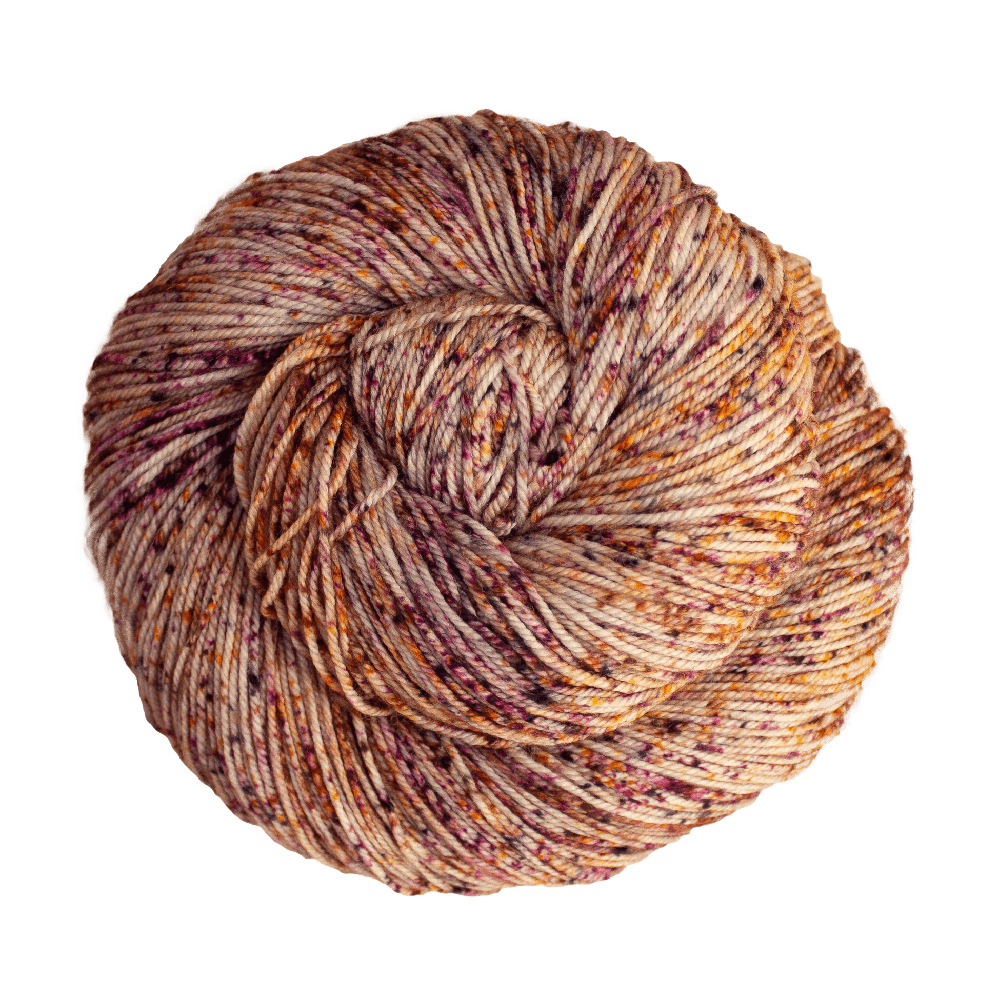 A close-up image of a skein of Malabrigo Sock yarn in a speckled pattern of pink, purple, and orange shades.