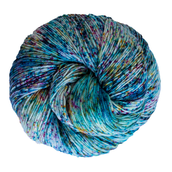 A close-up image of a skein of Malabrigo Sock yarn in a bright blue base with speckles of dark blue, pink, and yellow.