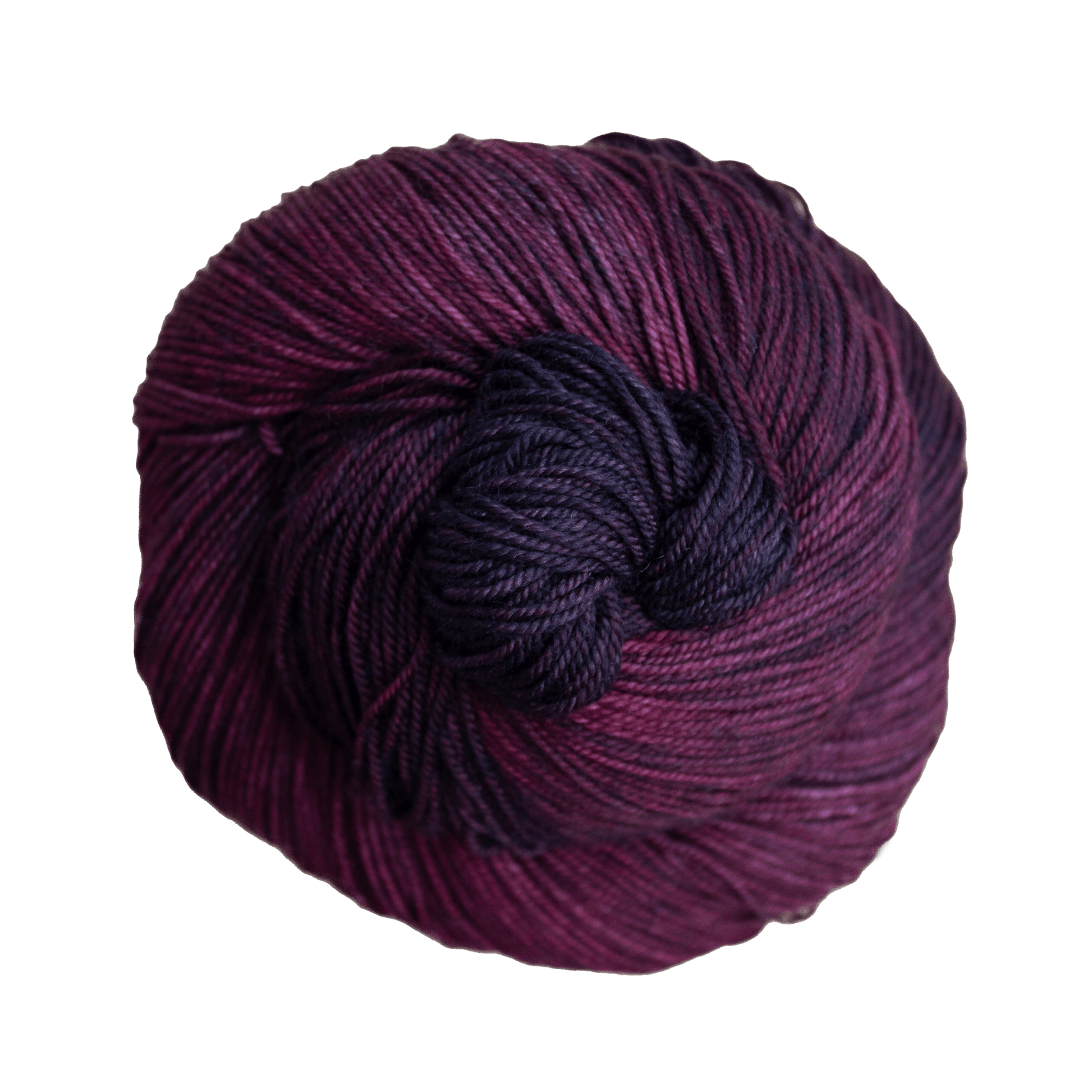 A close-up image of a skein of Malabrigo Sock yarn in dark purple and magenta shades.