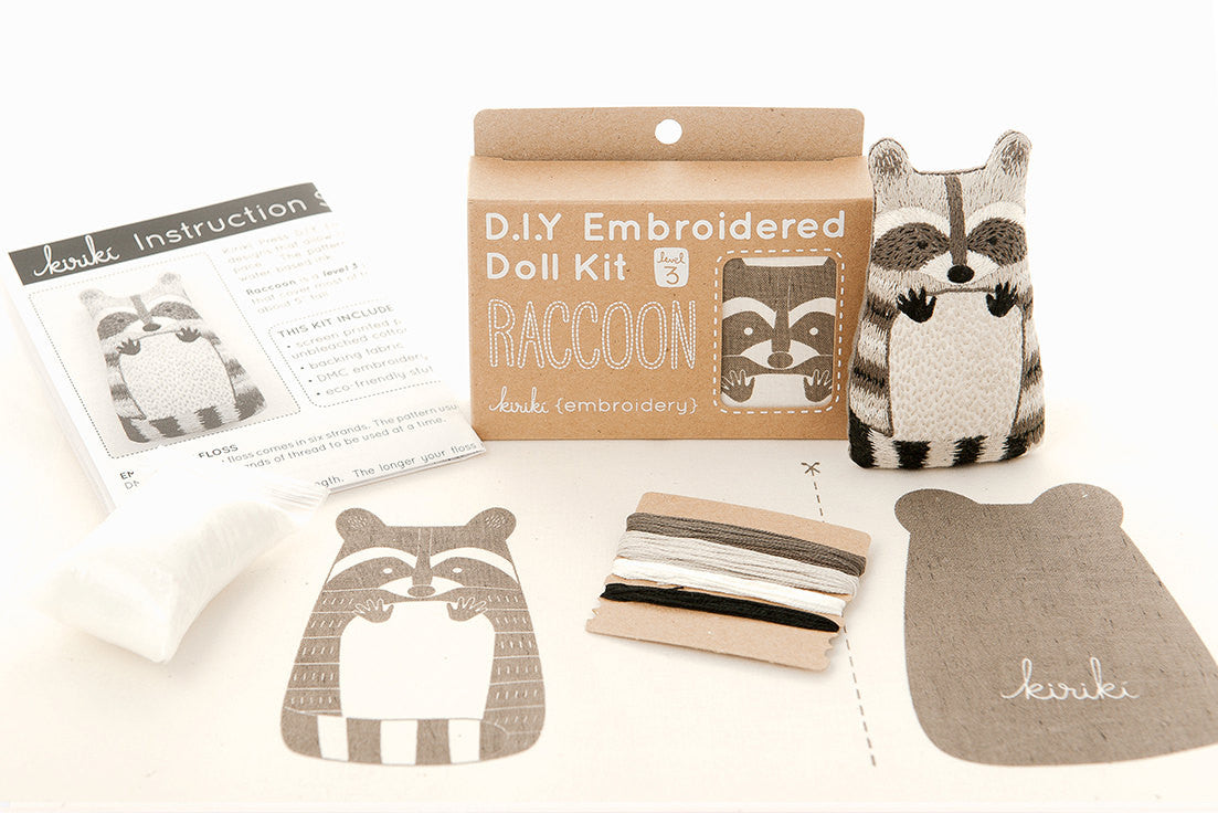 Raccoon Embroidery Doll Kit by Kiriki Press