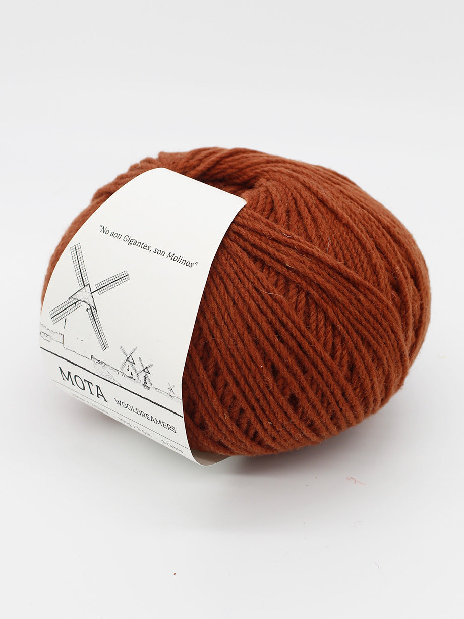 A skein of rust orange yearn on a white background.