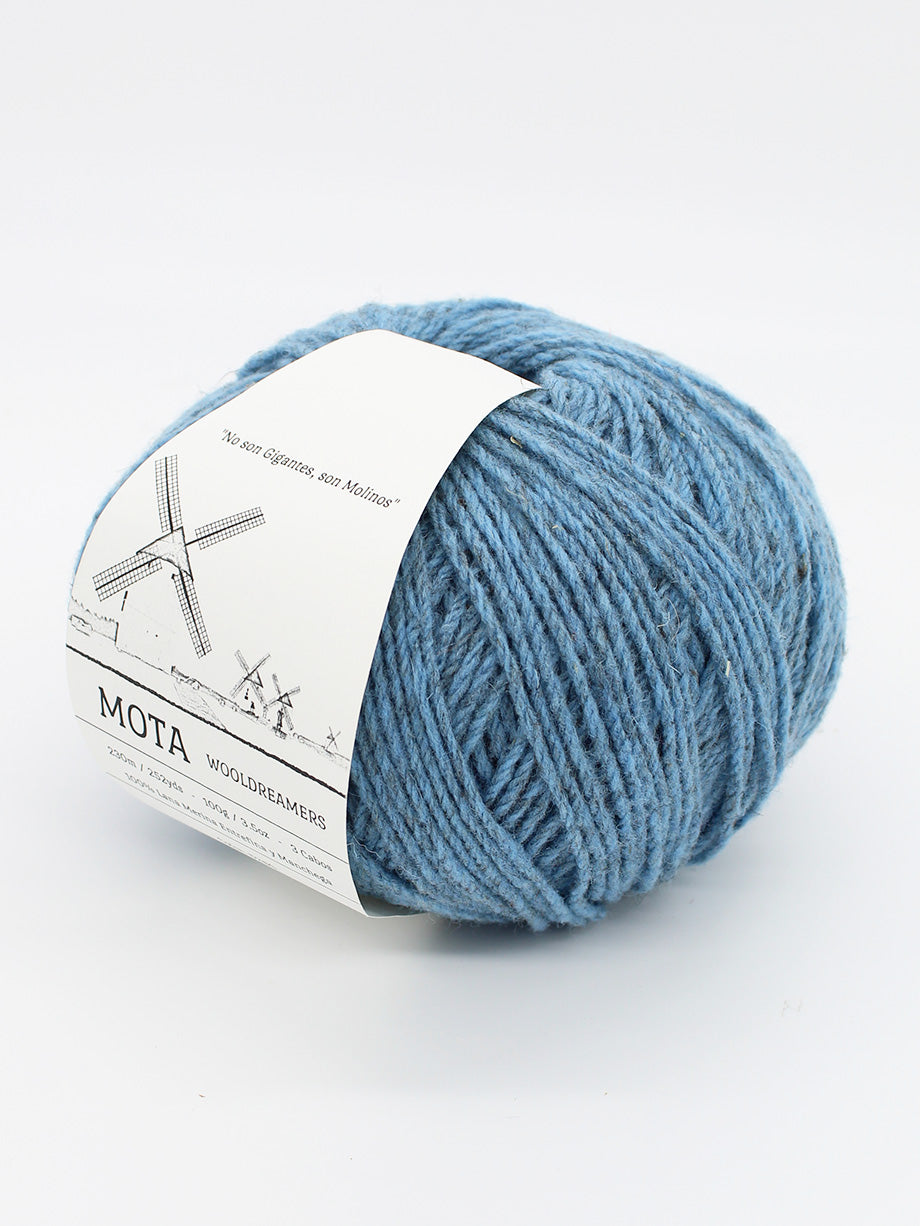 A skein of heathered sky blue yarn on a white background.