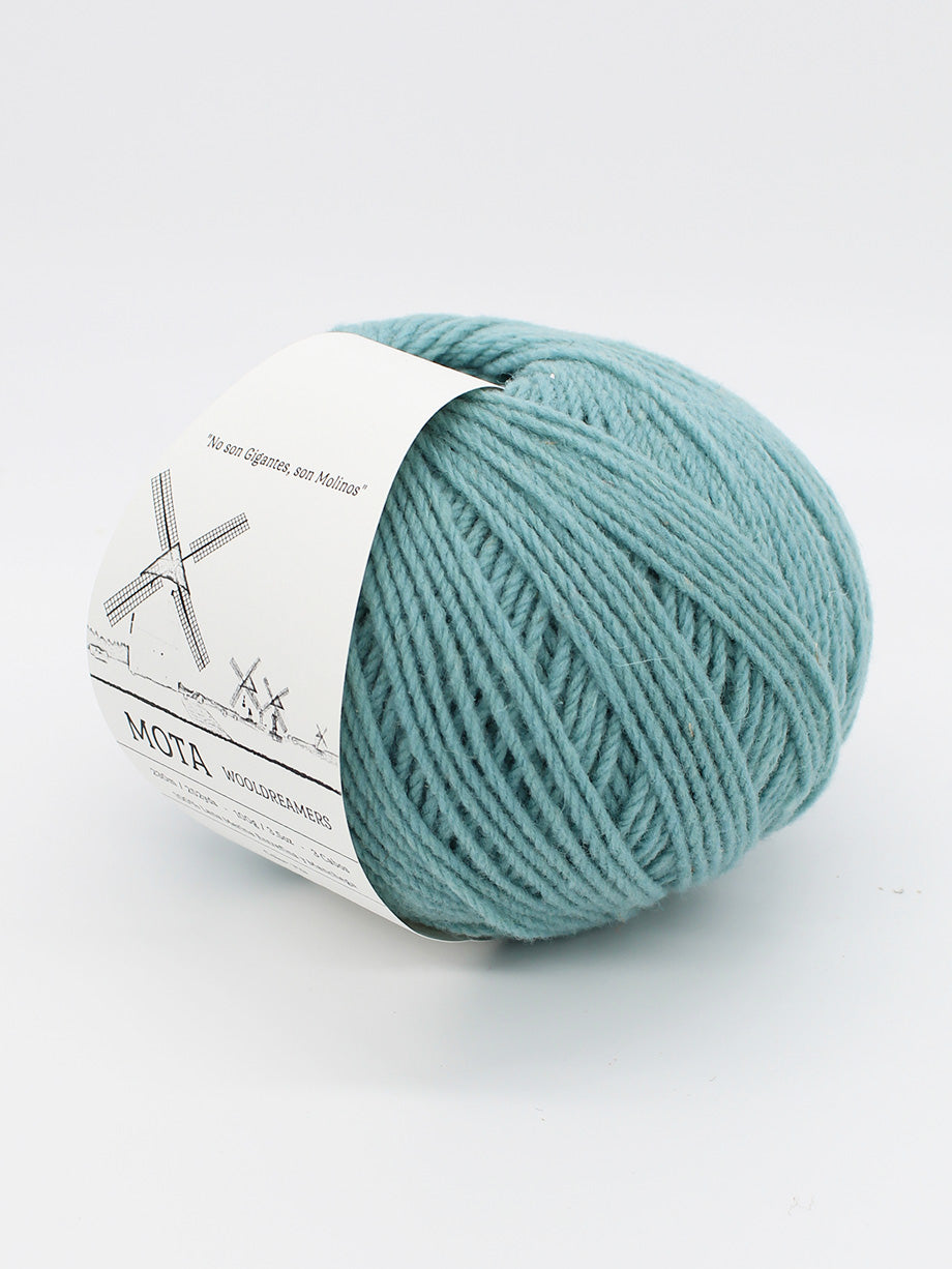 A skein of ice blue yarn on a white background.